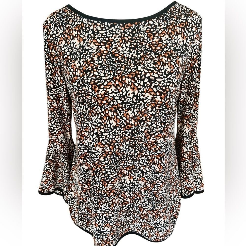 Sam & Jess black/brown/cream print blouse with bell sleeves size PM .